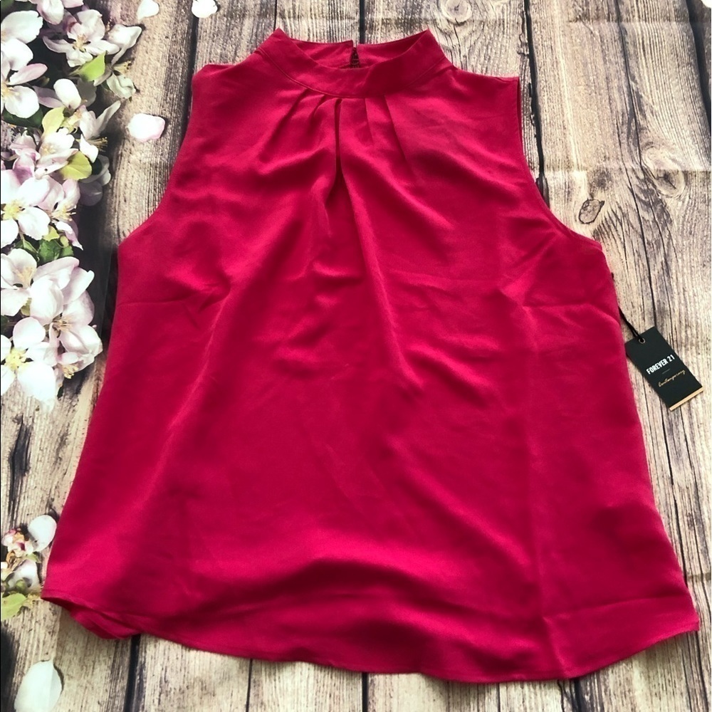 New Fuchsia Woven Sleeveless Blouse/Button Collar